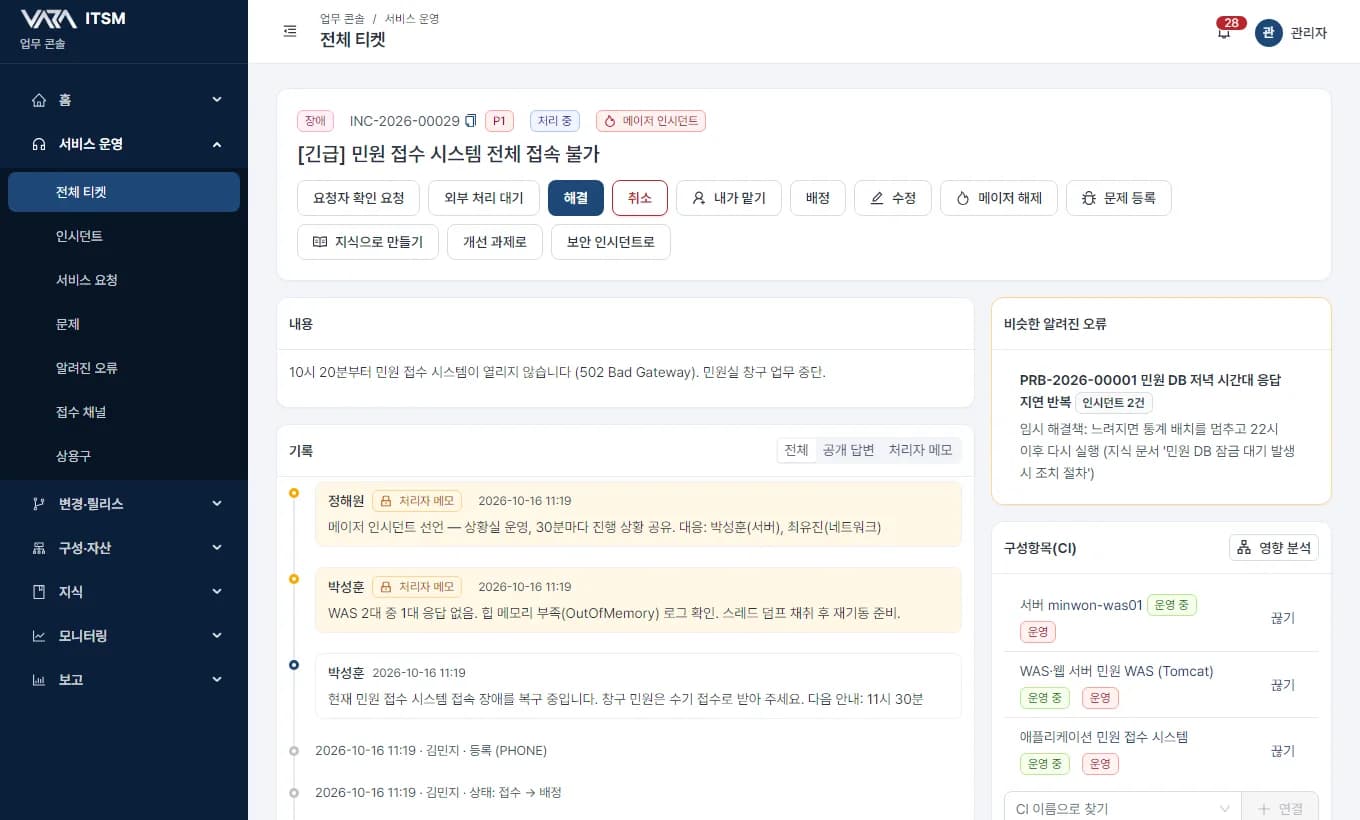 티켓 상세 화면 — 메이저 인시던트, 처리 기록, 비슷한 알려진 오류, 연결된 구성항목